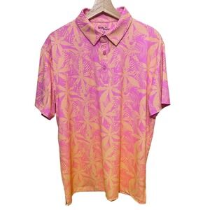 Birdie Bound Mens Pink Yellow Ombre Palm Leaf Print Golf Polo Shirt Large L/G
